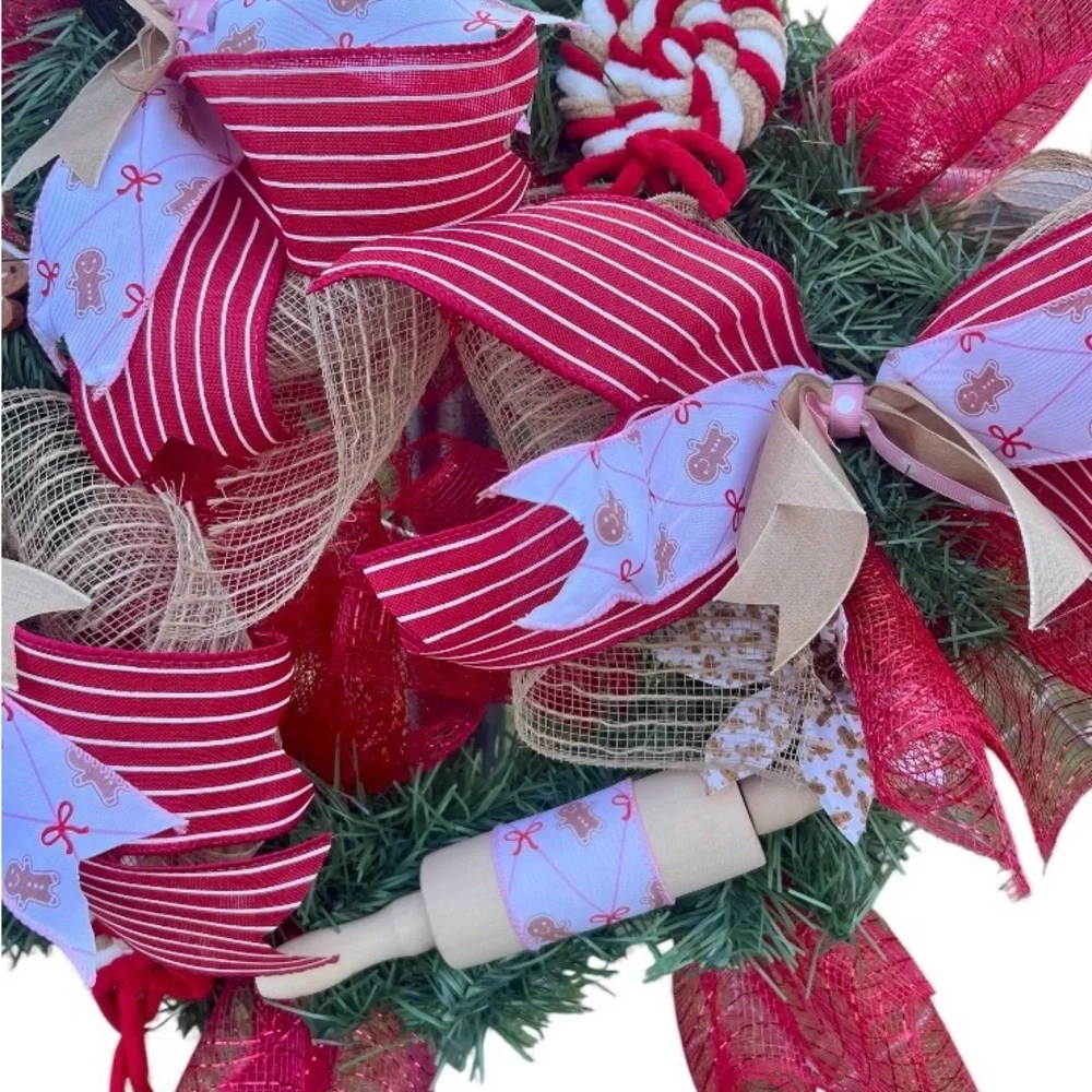 Festive Red and White Christmas Gingerbread‎ Wreath, 18 in Base